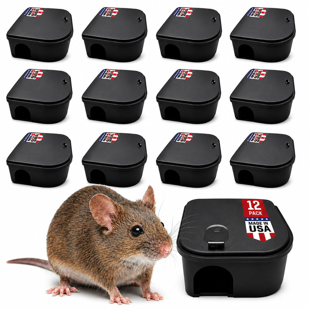 Exterminators Choice front packaging showing 12 bait stations and key, easy storage benefit