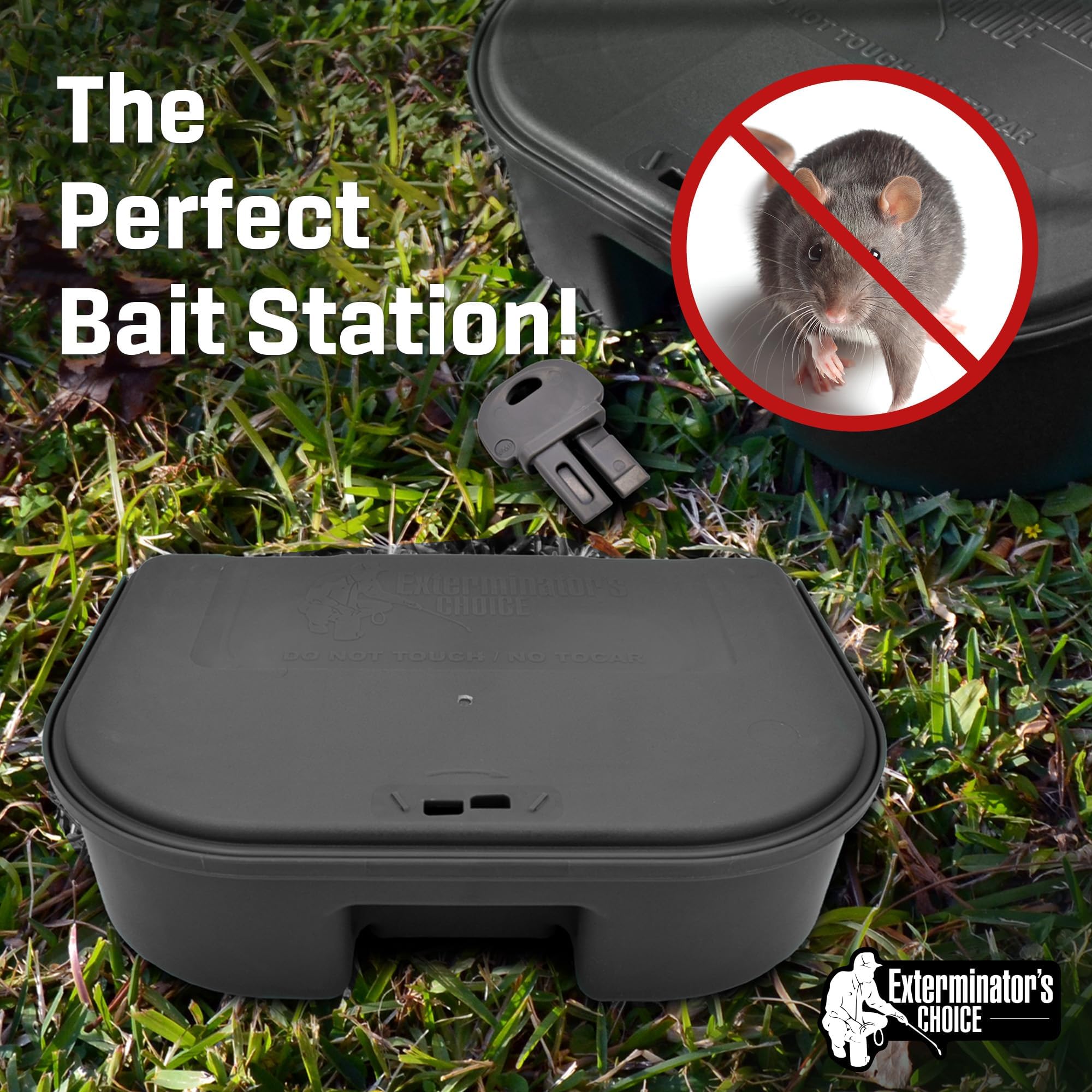 Exterminators Choice lock and key detail securing lid, prevents access by children or pets