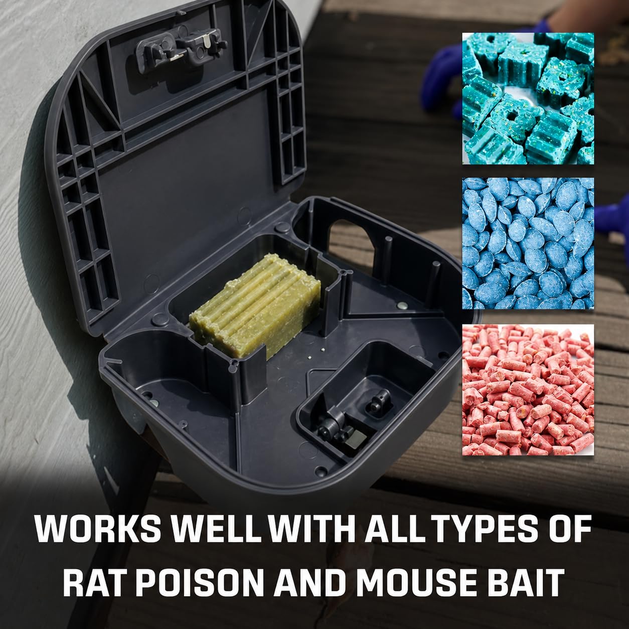 Exterminators Choice station placed in garage along wall, keeps bait contained and out of reach