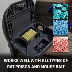 Exterminators Choice station placed in garage along wall, keeps bait contained and out of reach
