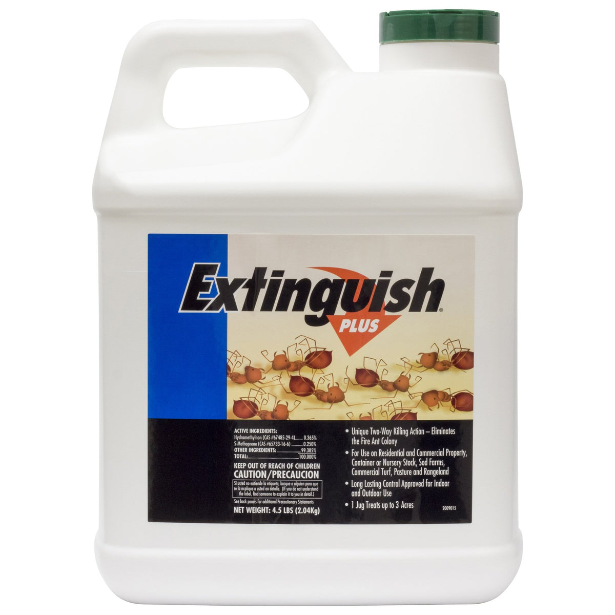 Extinguish Plus front packaging showing label and 4.5 lb size, clear product identification and use