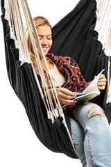 EXTIRIO front view of hanging hammock chair showing comfortable seat and style benefit