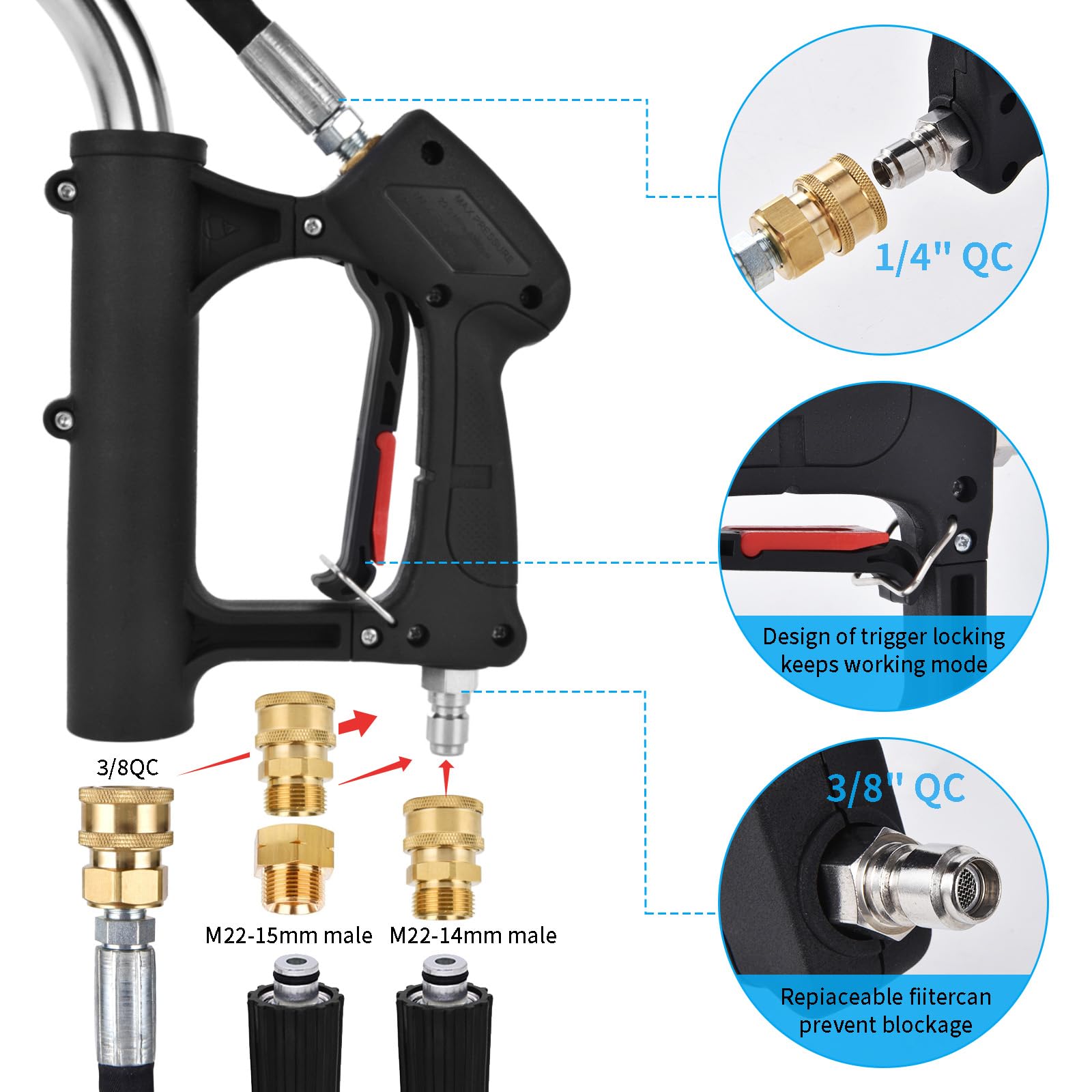 EXTRAFEIN adapters and couplers laid out for easy pressure washer compatibility