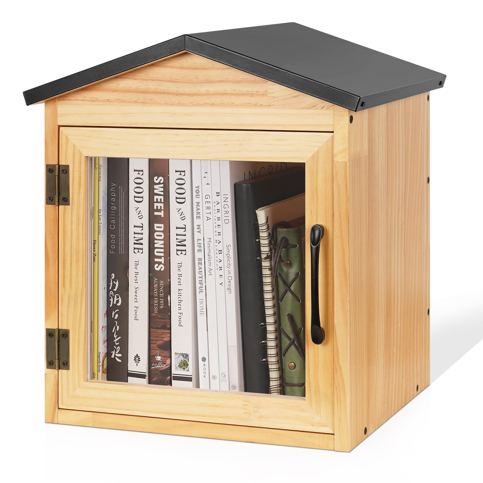 Exttlliy front view of outdoor book box showing clear window and pine finish