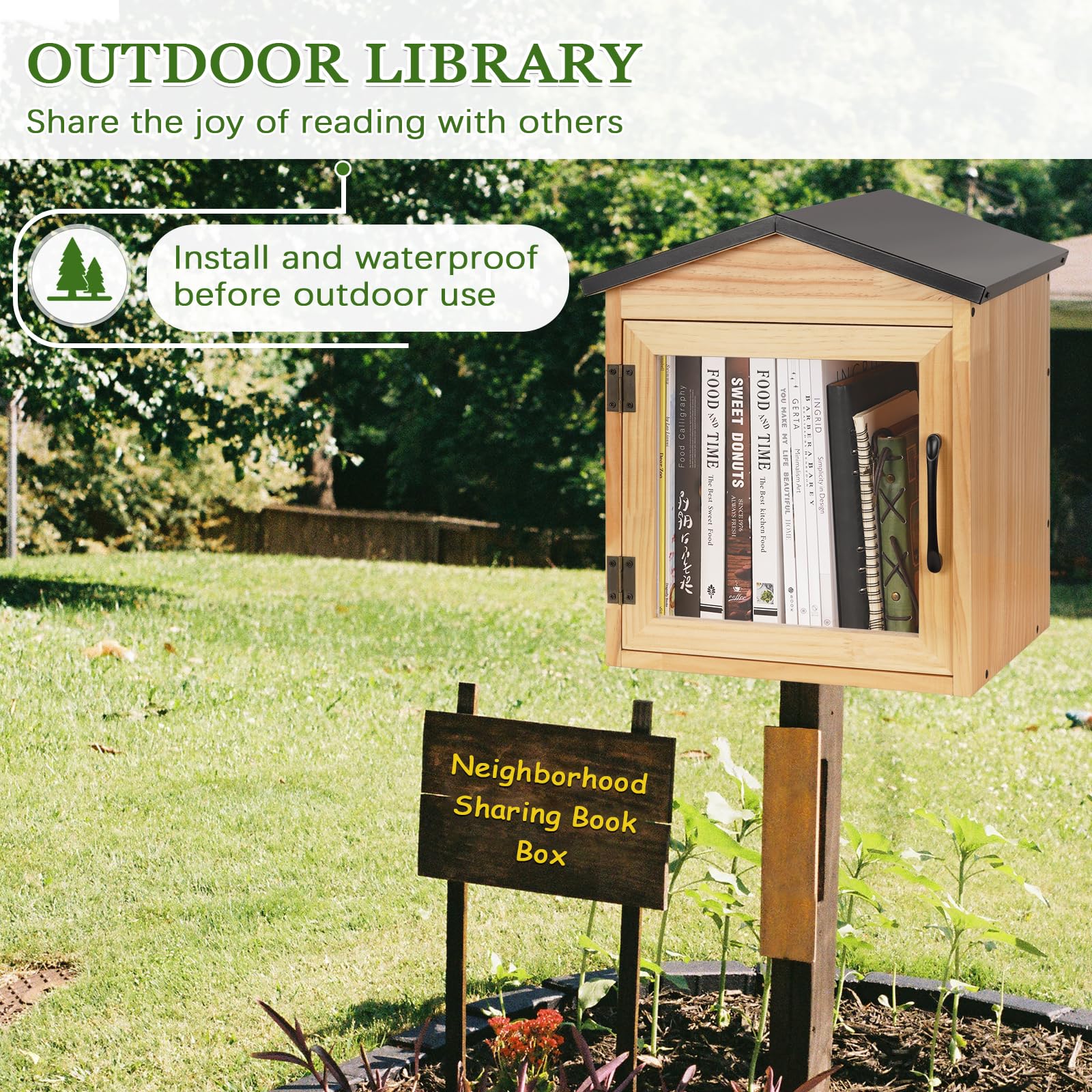 Exttlliy porch installation lifestyle image showing curbside book lending