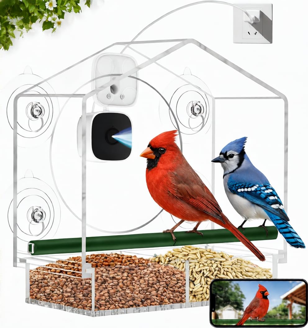 Exubriant clear feeder front view showing camera and seed tray benefit: easy observation