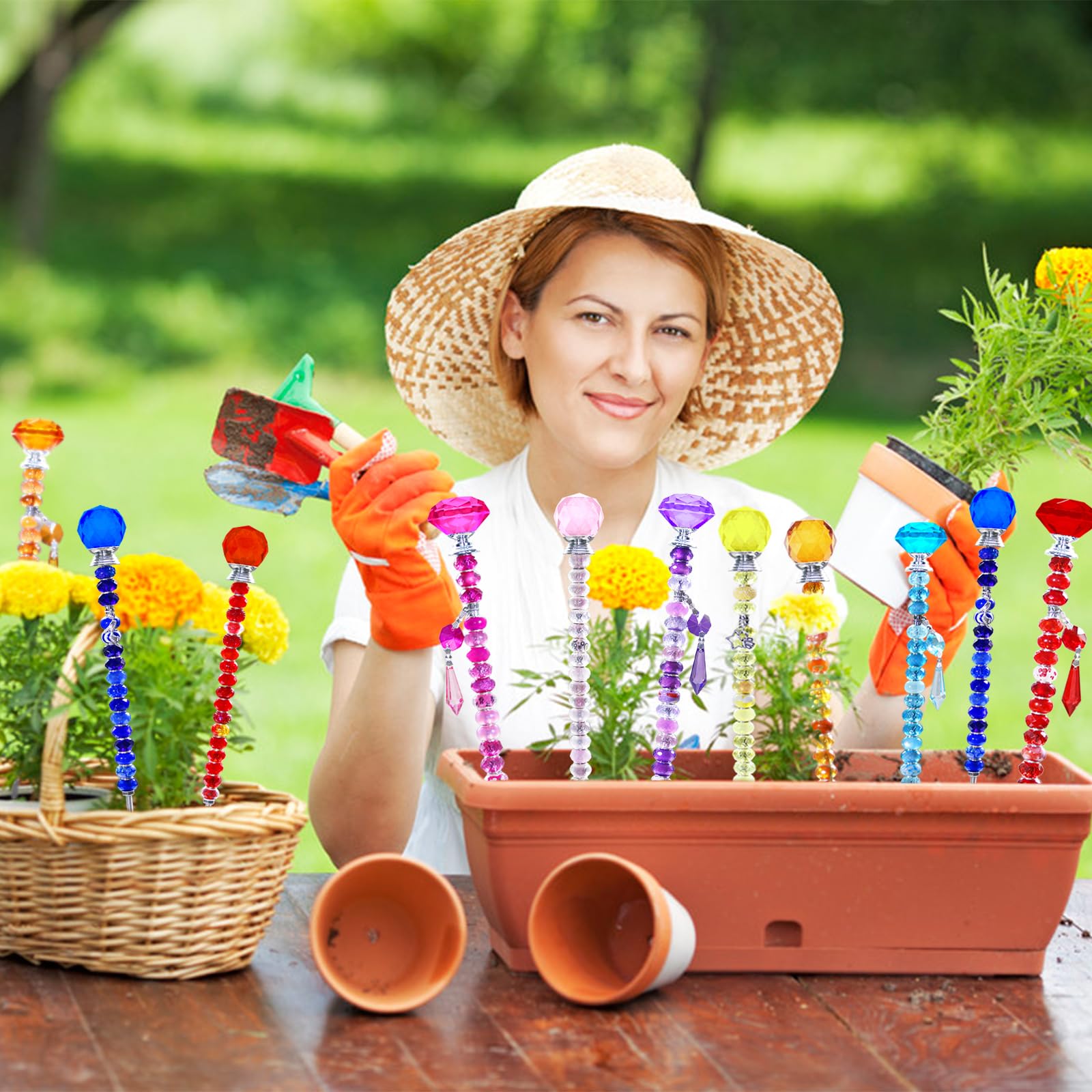 Exway garden stakes inserted in potted plant creating colorful outdoor accents