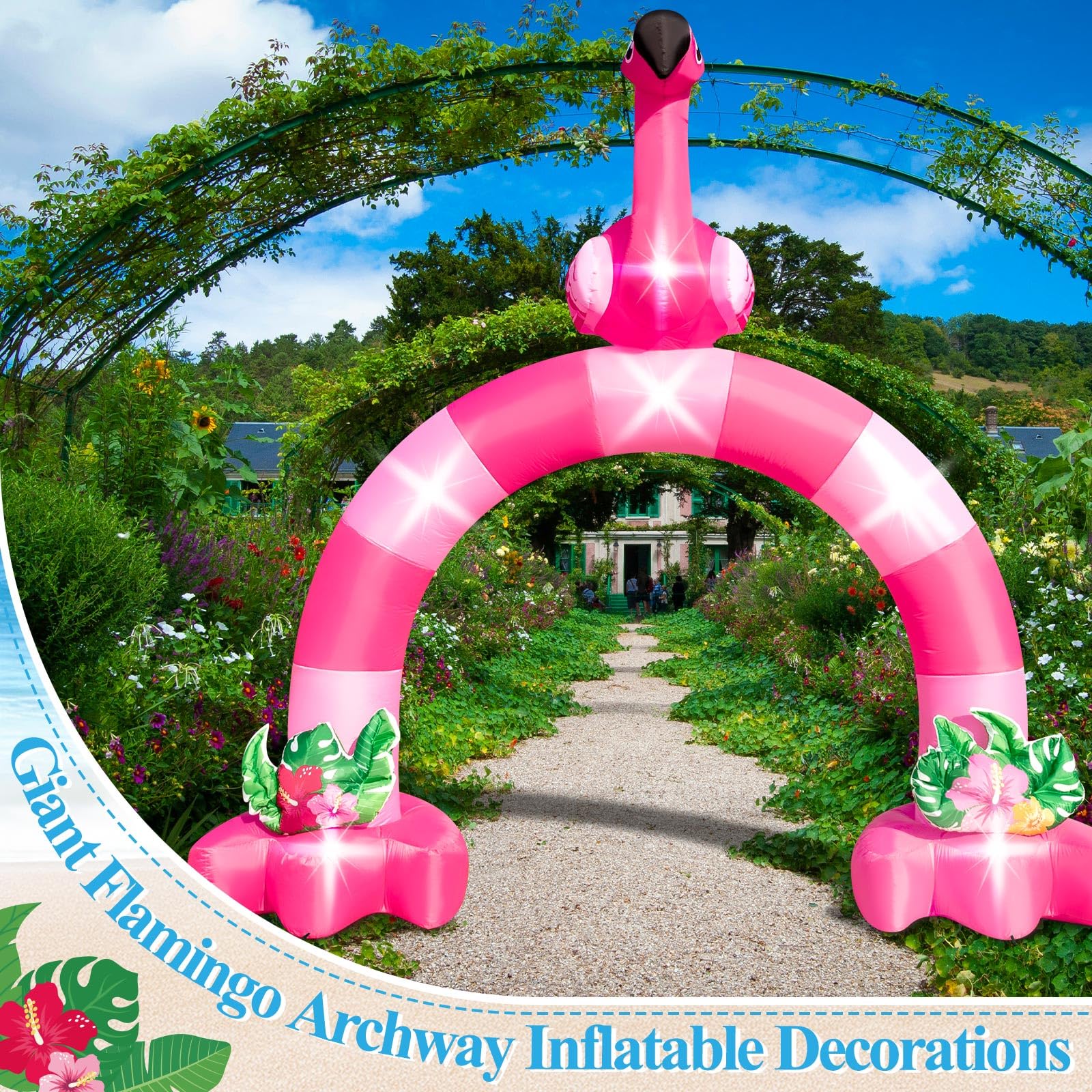 Eyourlife flamingo arch decorated with included Hawaiian leis for tropical flair