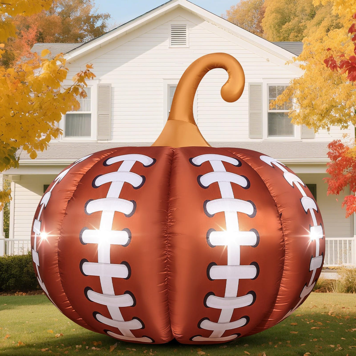 Eyourlife front view of pumpkin football inflatable showing festive curb appeal