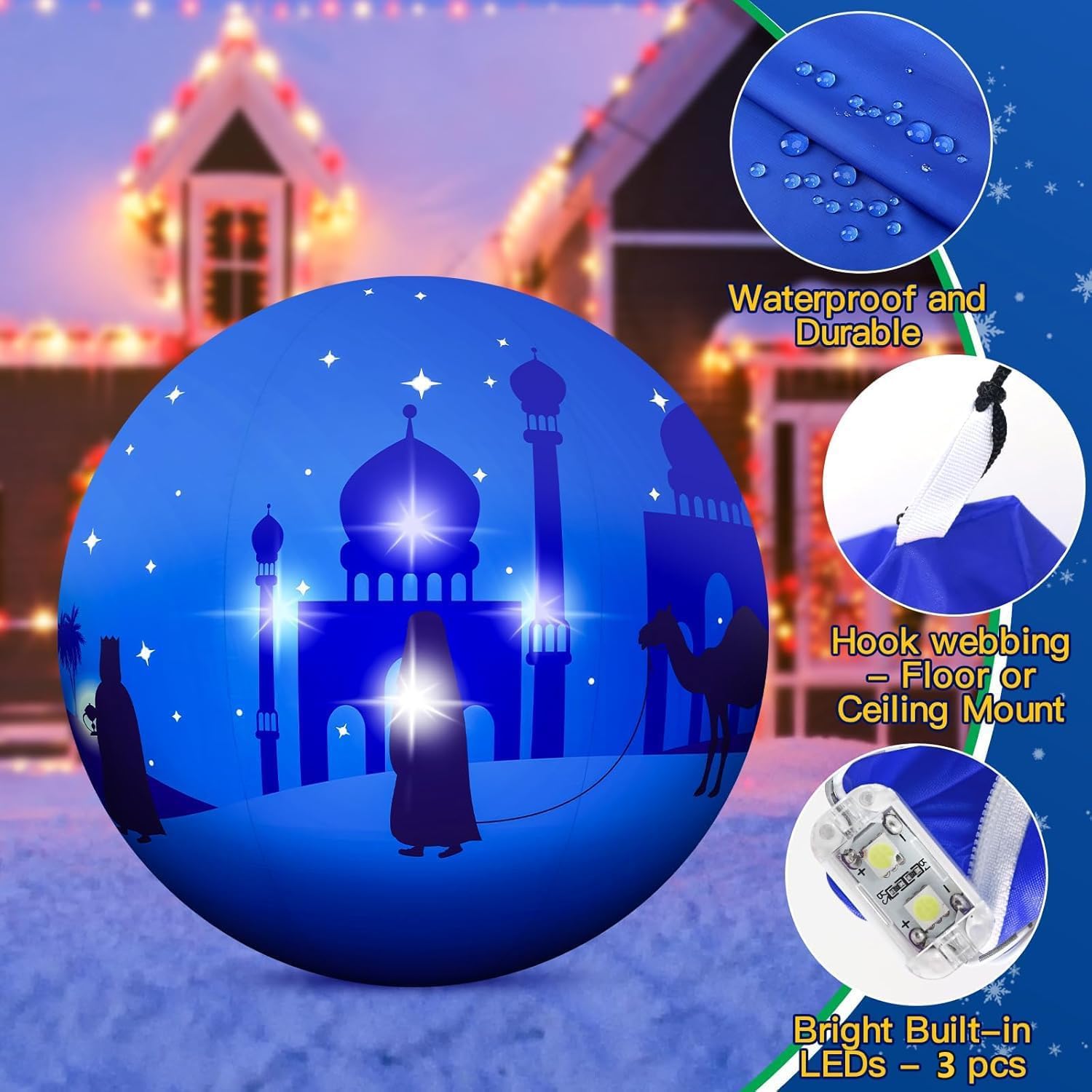 Eyourlife nativity glowing at night with three LEDs for visible evening display