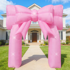 Eyourlife front view of pink bow arch creating a photo backdrop and focal point