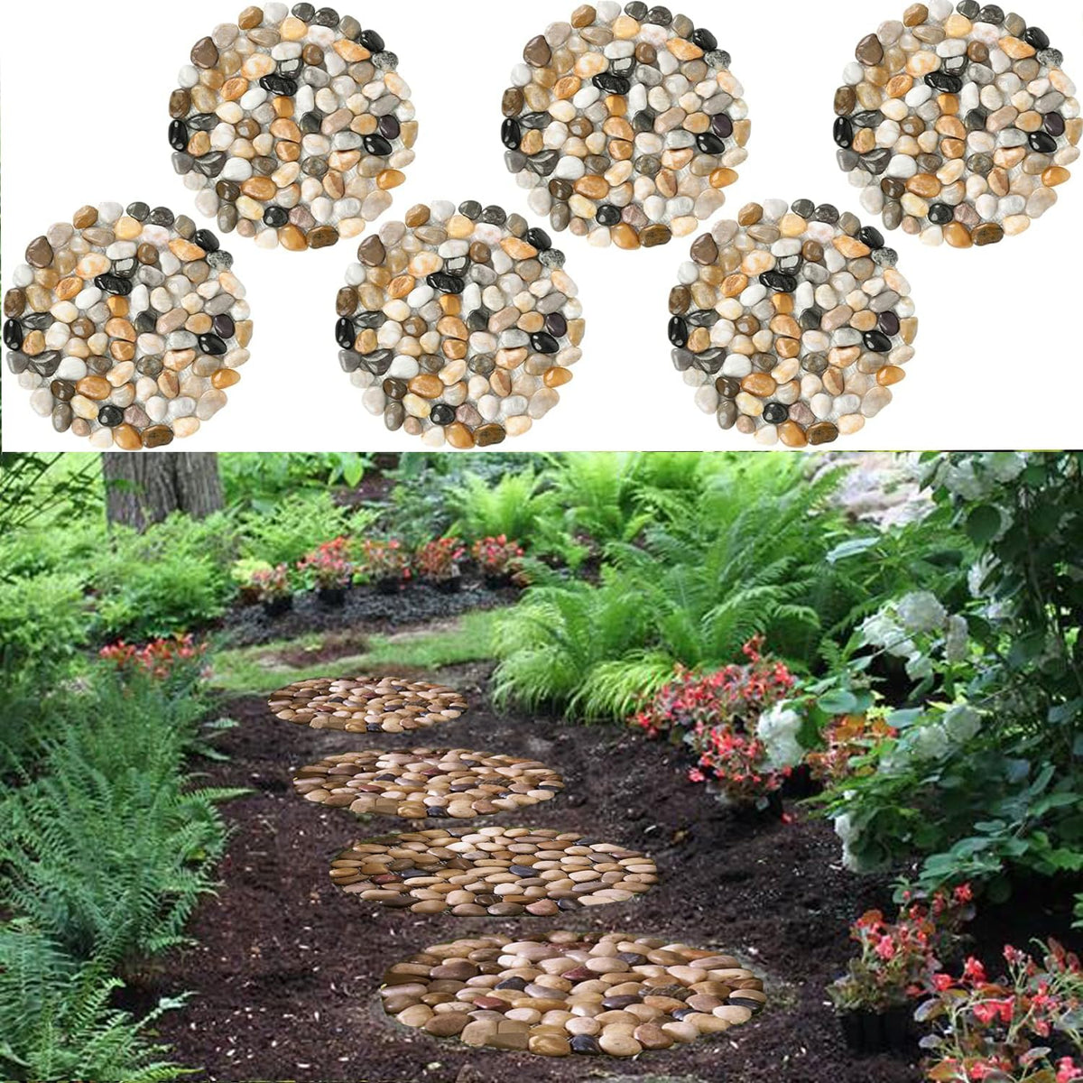 EYZH front view of six round river stone stepping stones showing design benefit