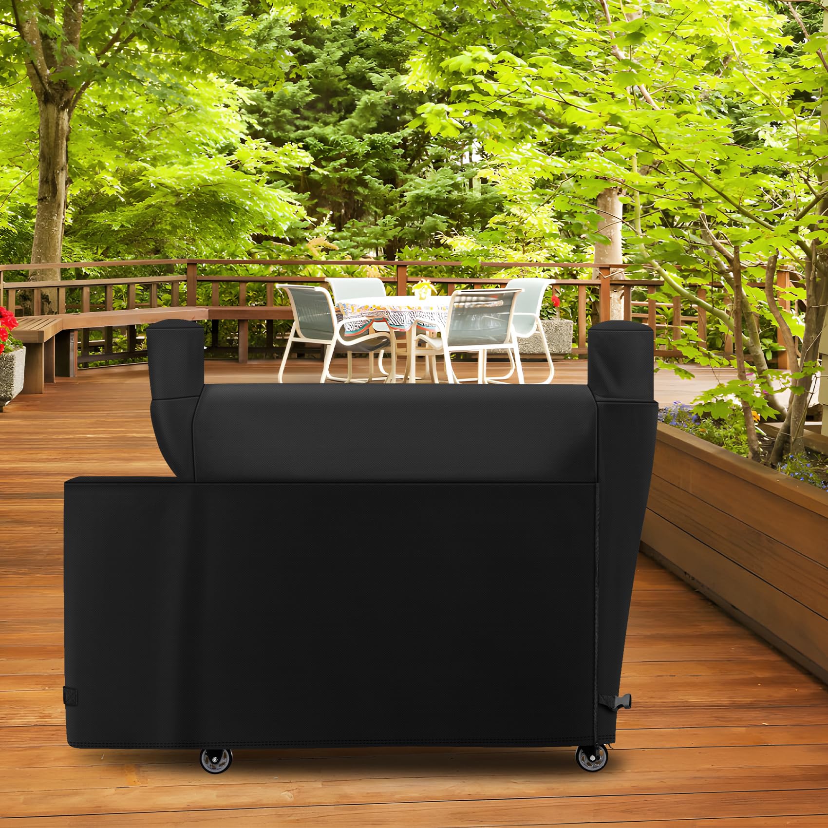 EZ-DONGTENG cover on grill in backyard illustrates neat, weather-ready storage