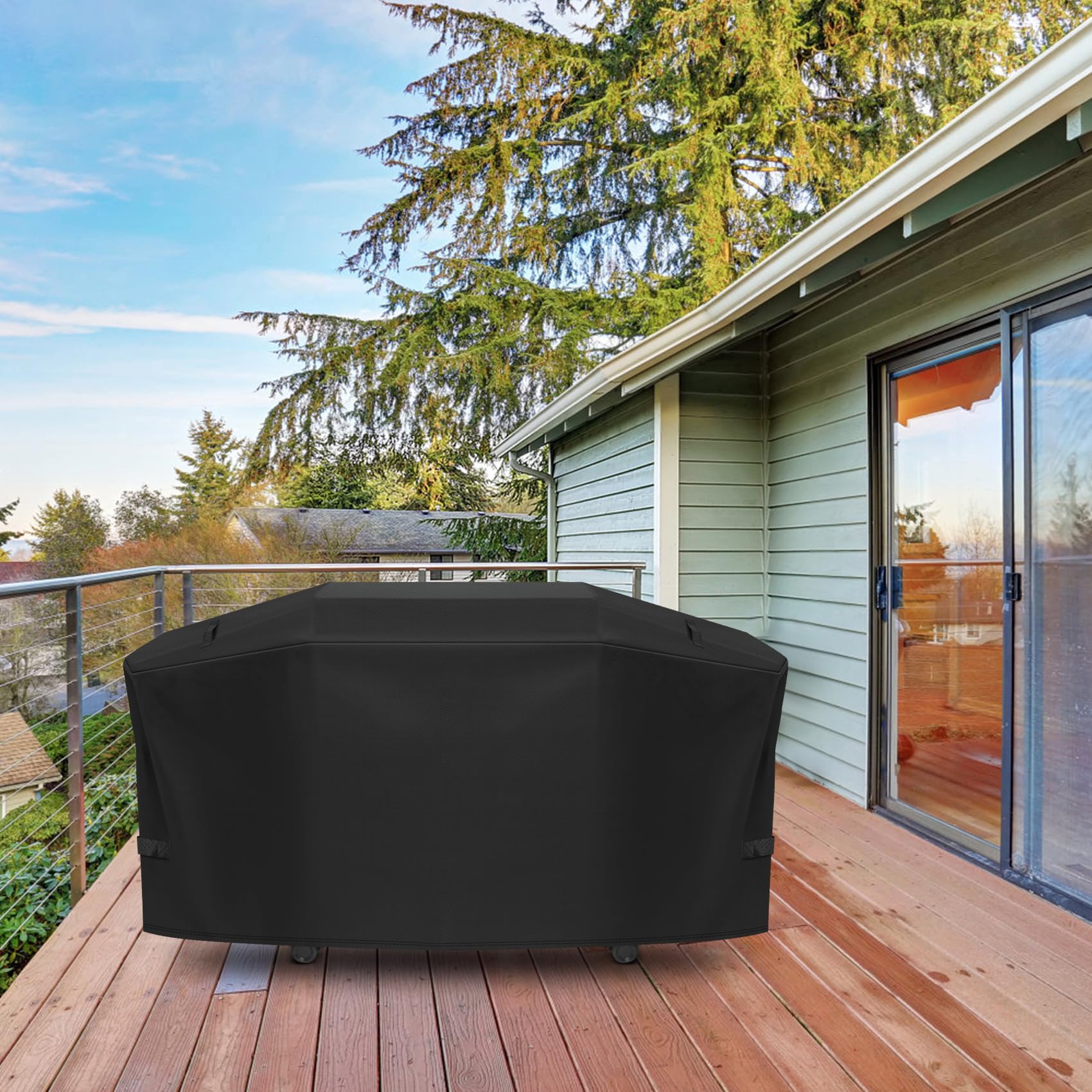 EZ-DONGTENG cover on patio grill illustrating year-round outdoor protection