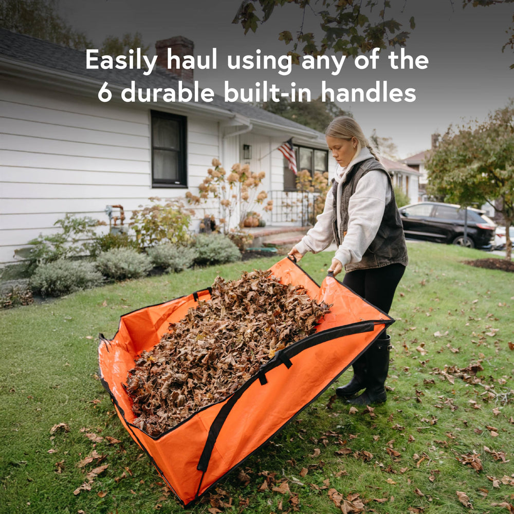 EZ Leaf Hauler corner with stake anchored to ground for wind resistance