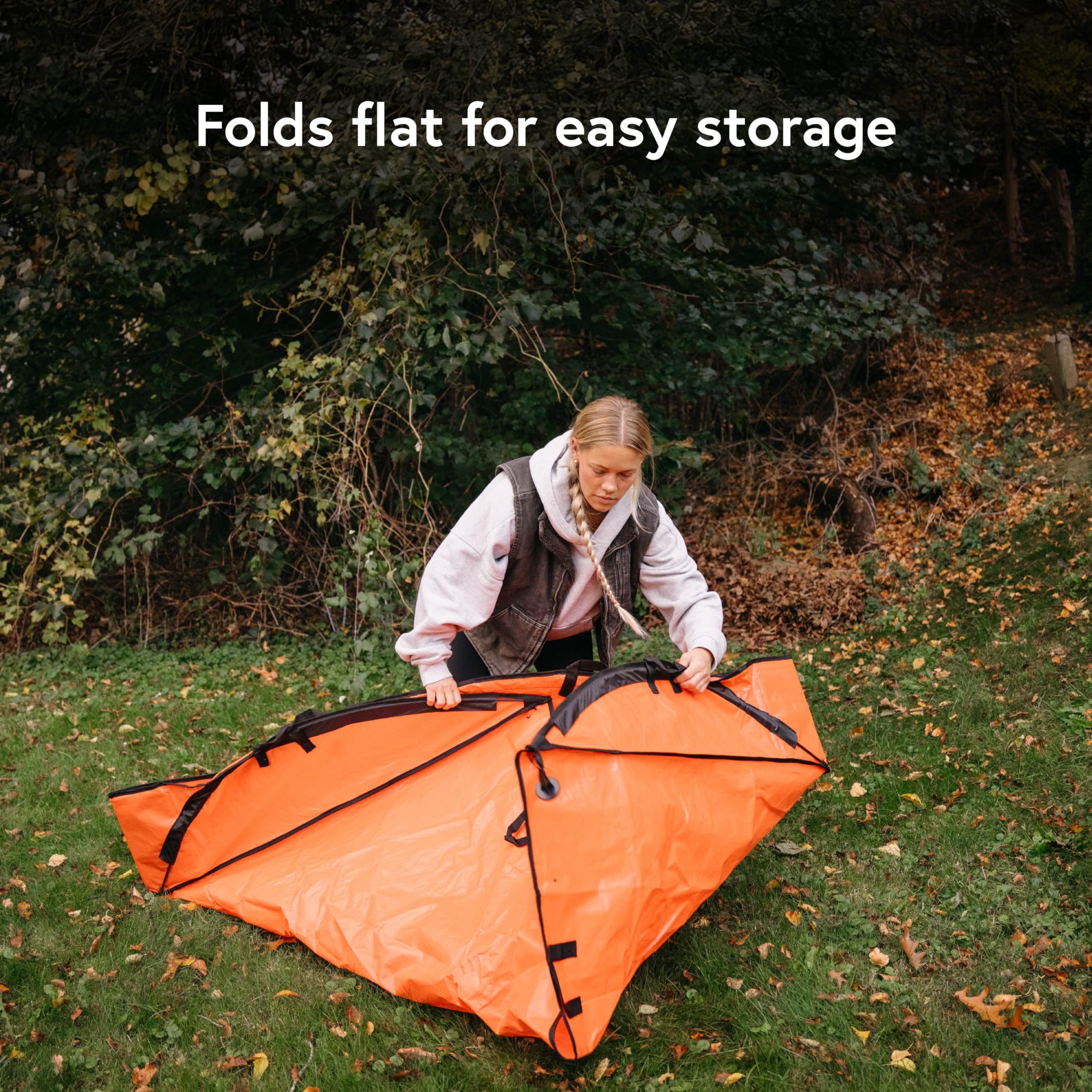 EZ Leaf Hauler stored in garage on shelf highlighting tidy storage