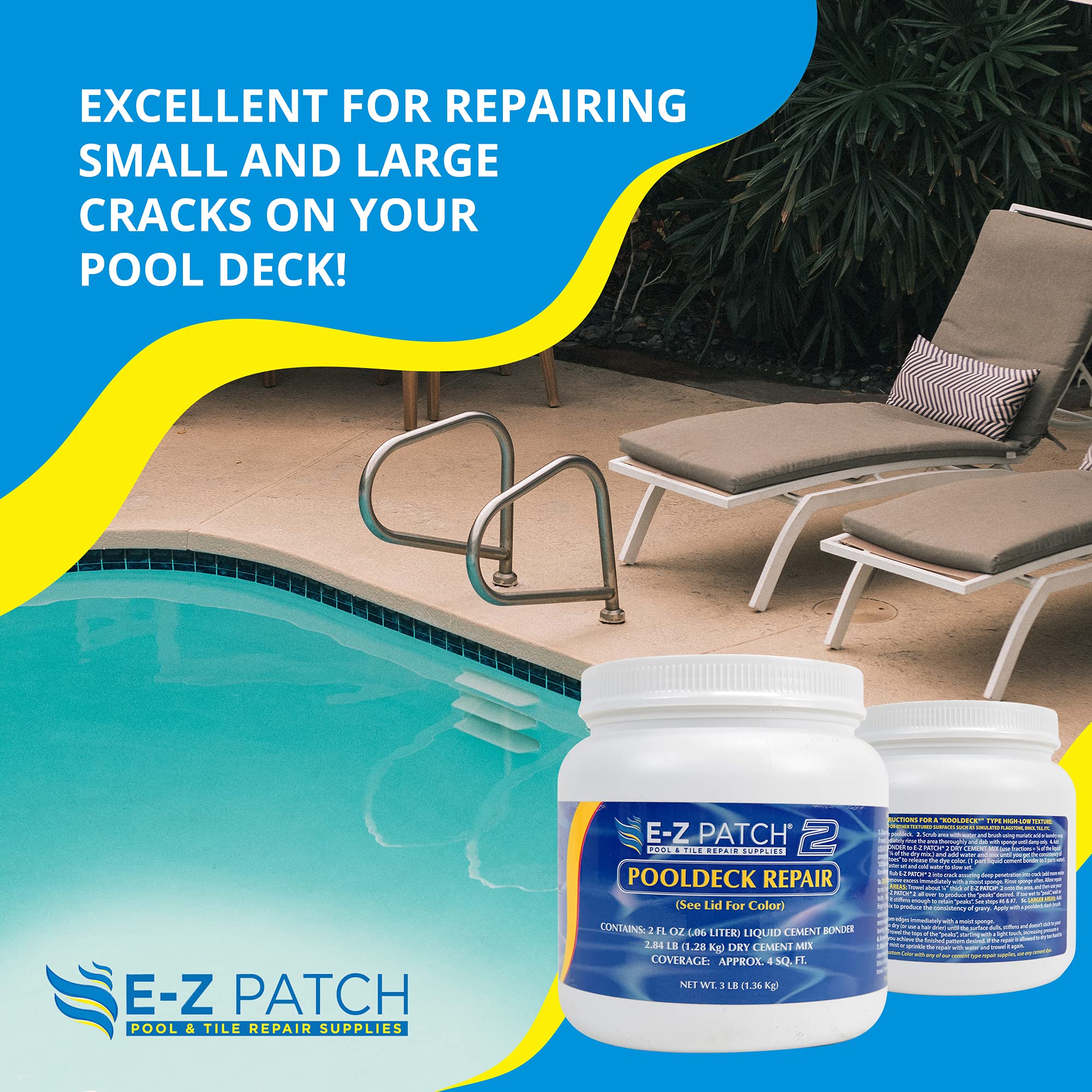 EZ PATCH being applied with a trowel on a pool deck showing fast repair benefit