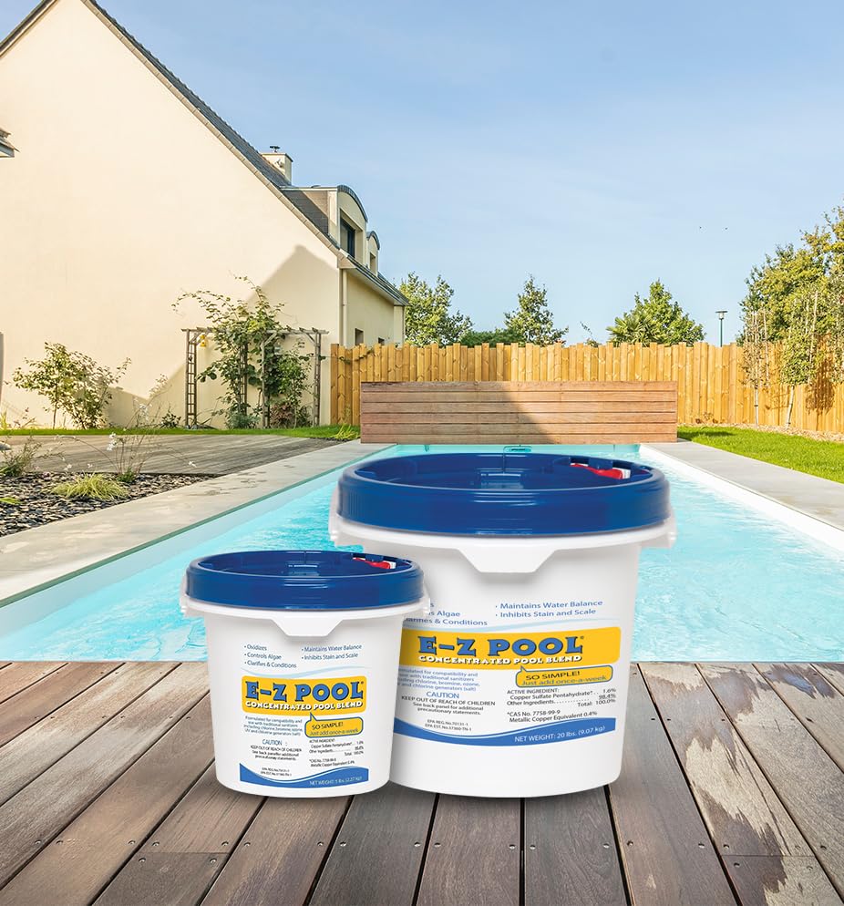 E-z Pool pouring treatment into pool return showing easy weekly application benefit