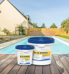 E-z Pool pouring treatment into pool return showing easy weekly application benefit