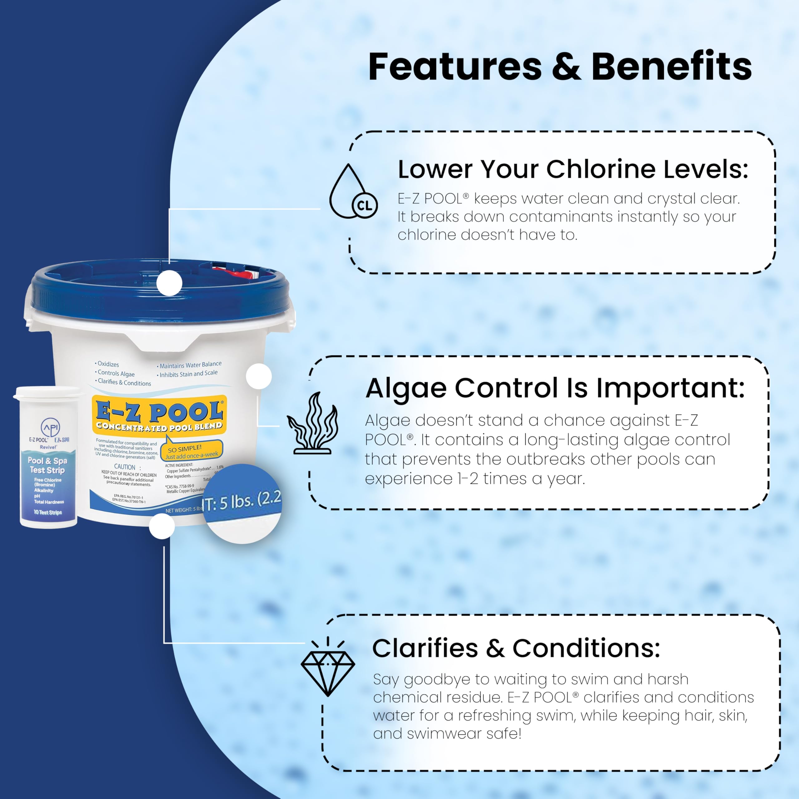 E-z Pool test strips next to bucket for quick water balance verification benefit
