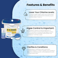 E-z Pool test strips next to bucket for quick water balance verification benefit