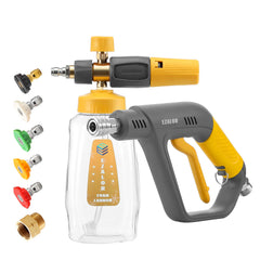EZALOR pressure-washer gun front view showing compact foam cannon, improved control