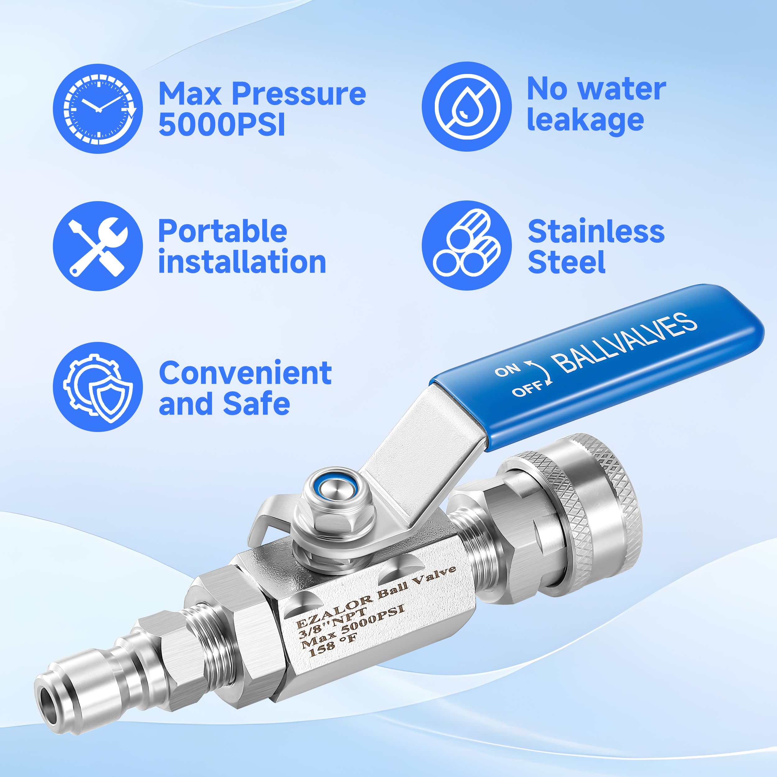 EZALOR valve installed on a pressure washer hose demonstrating in-line flow control benefit