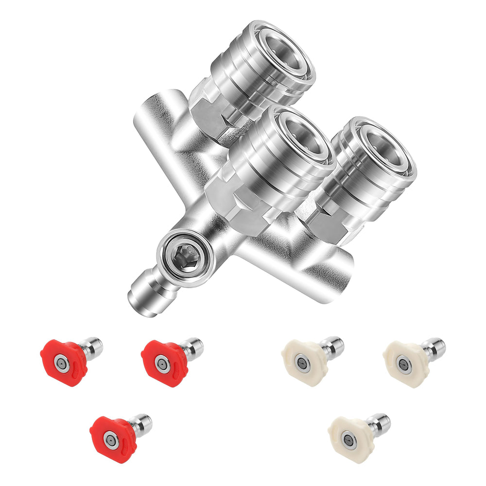 EZALOR triple nozzle front view showing robust stainless body and quick-connect benefit