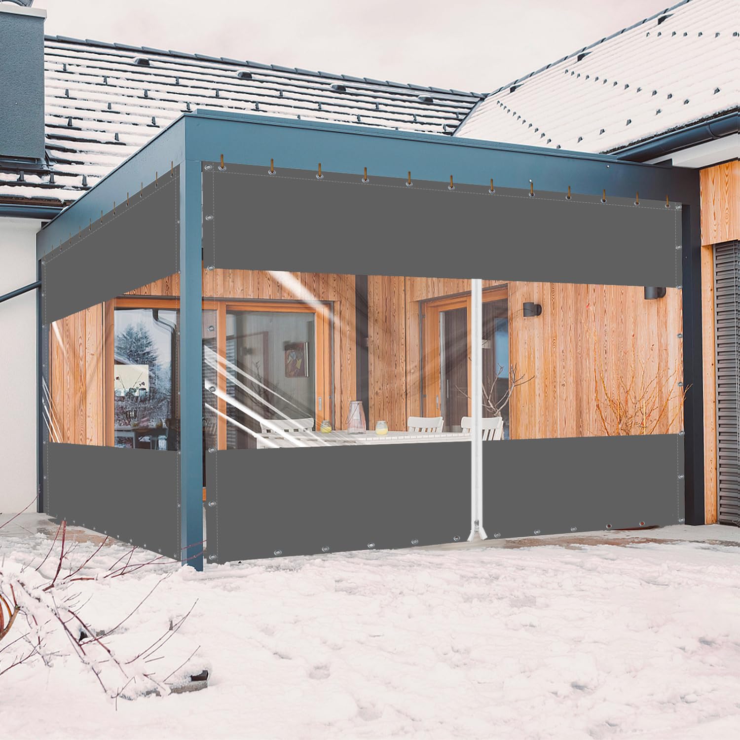 Ezcasch front view installed on pergola showing clear protection and tidy finish