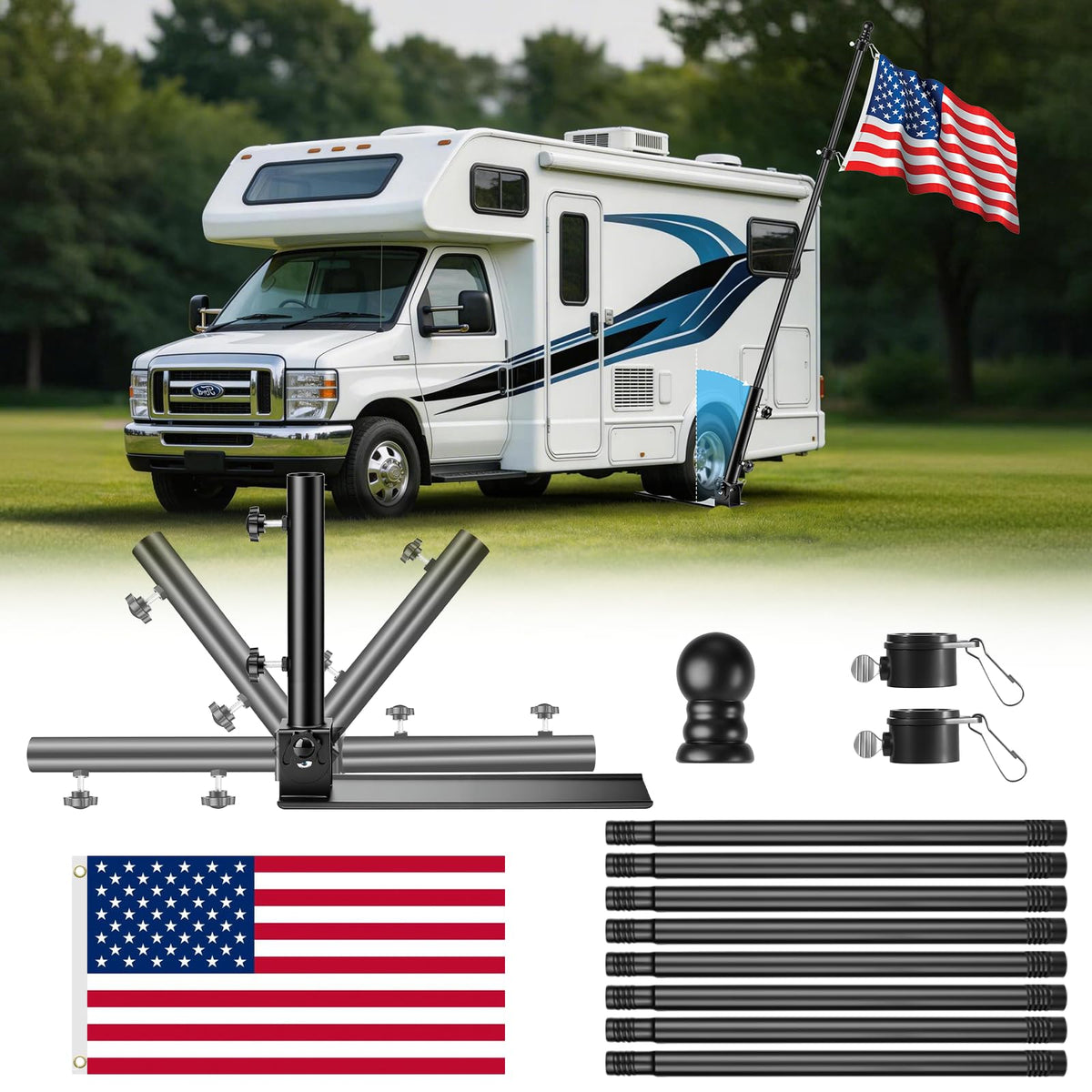 EZIRVLIFE front packaging showing full tailgate flag pole kit and components benefit quick setup