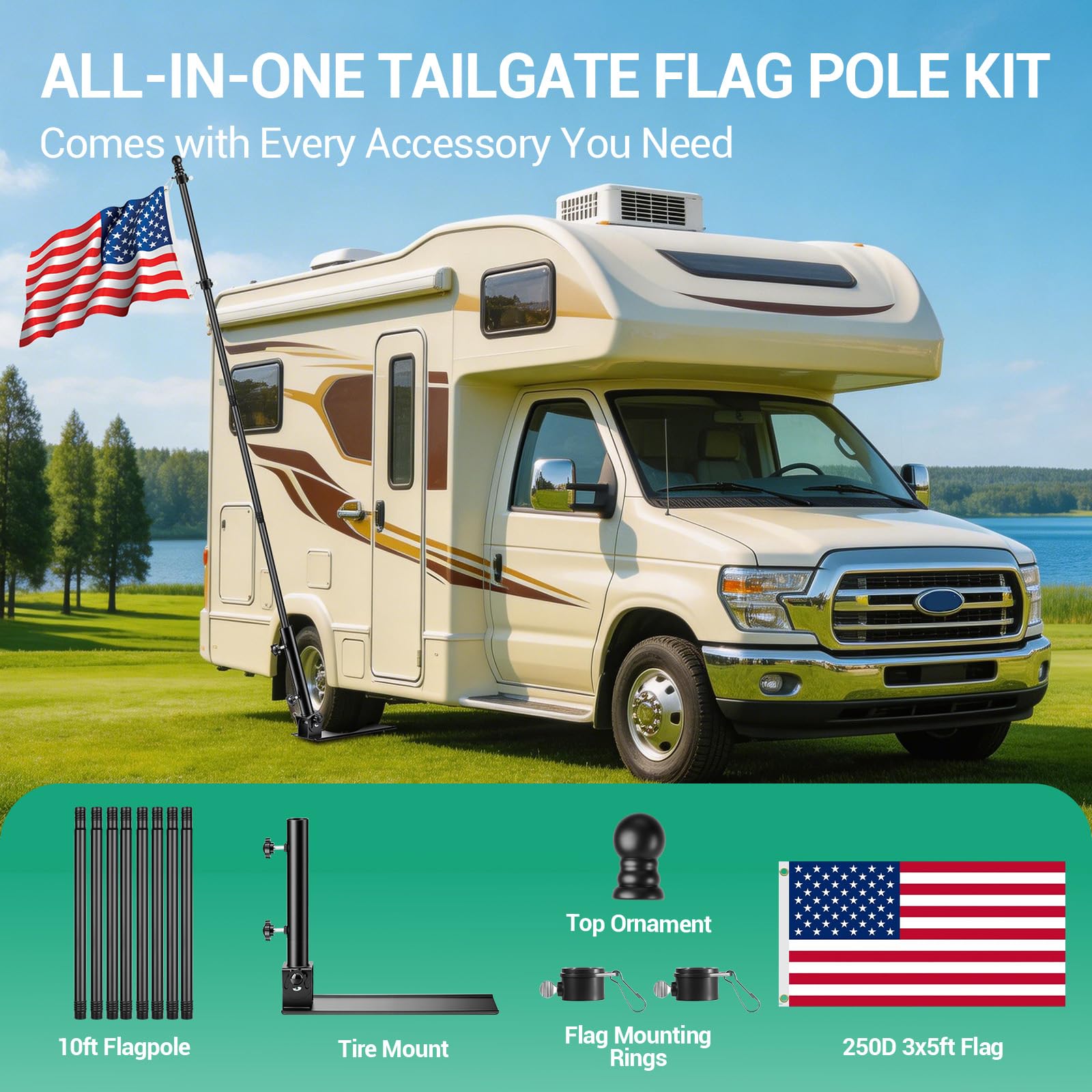 EZIRVLIFE flag flying at campsite on truck showing lifestyle use benefit eye-catching presence