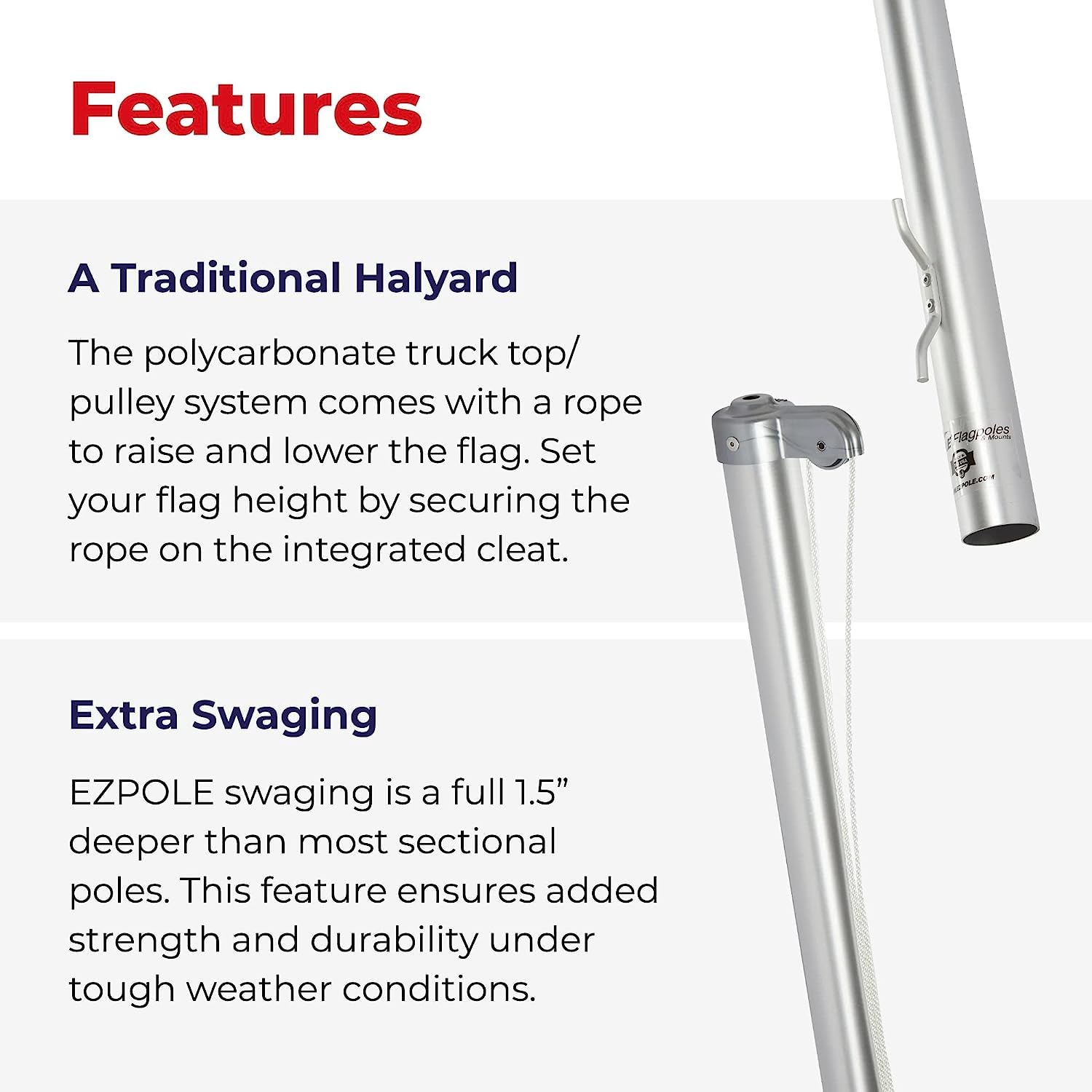 Ezpole stainless steel dual flag clips showing corrosion-resistant hardware.