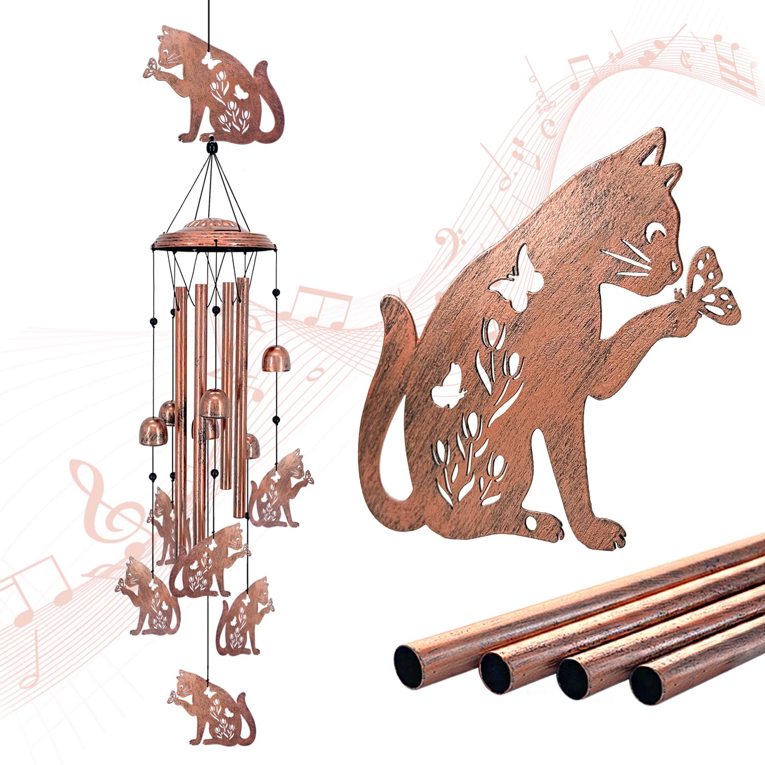EZTZEN front view of cat wind chime showing sculptural design and charm