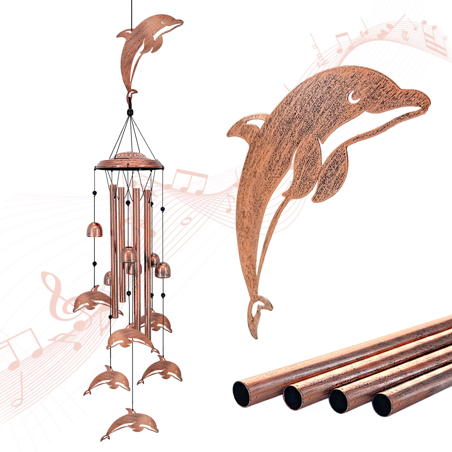 EZTZEN front view of dolphin wind chime showing full design and coastal charm