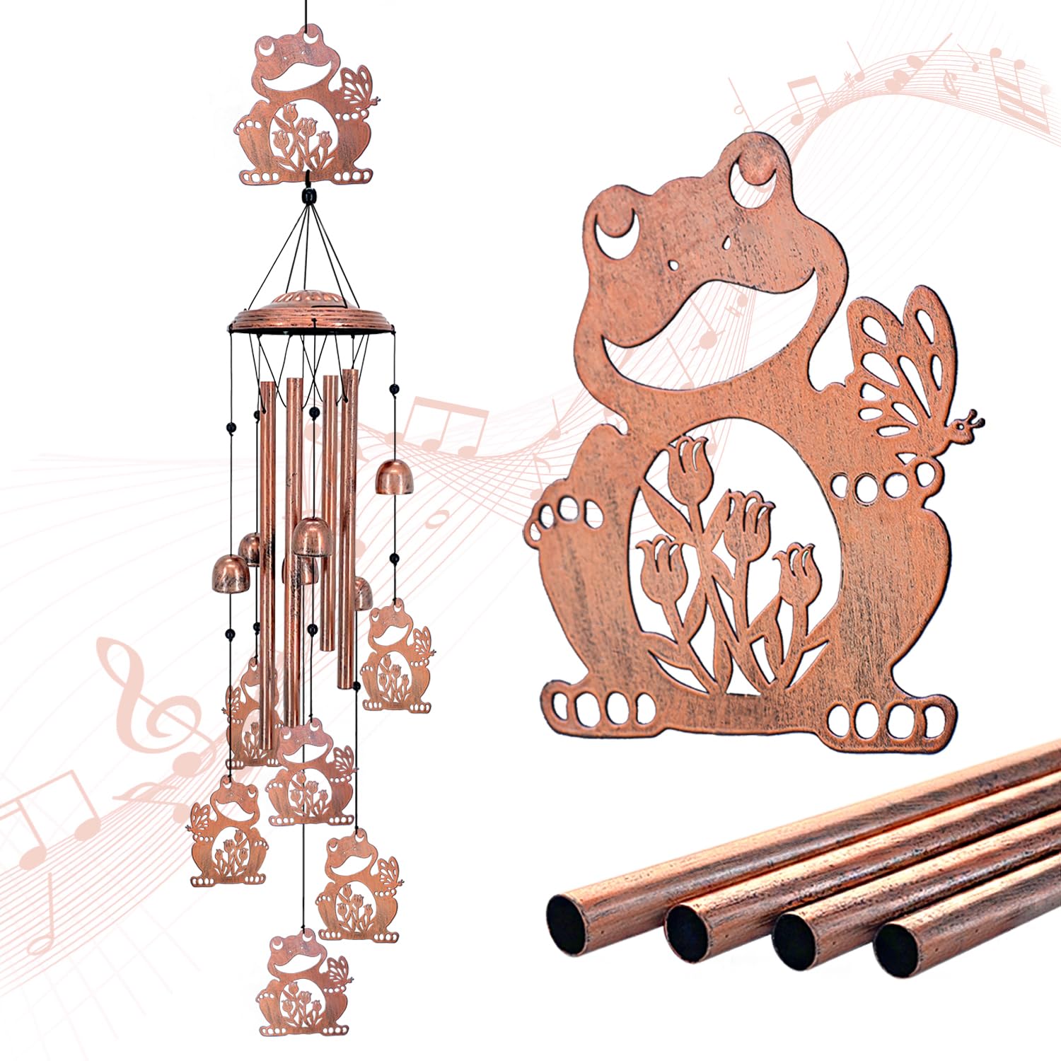 EZTZEN front view showing full frog wind chime adding decorative charm