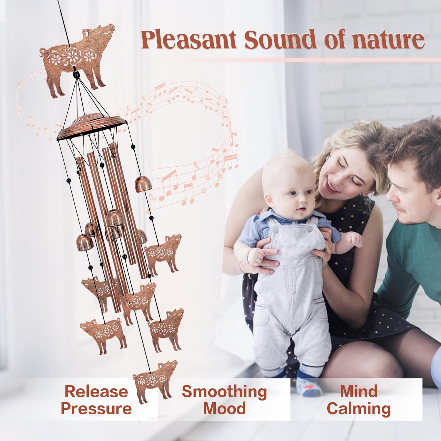 EZTZEN pig wind chime aluminum tubes close-up displaying tuned metal for bright crisp sound