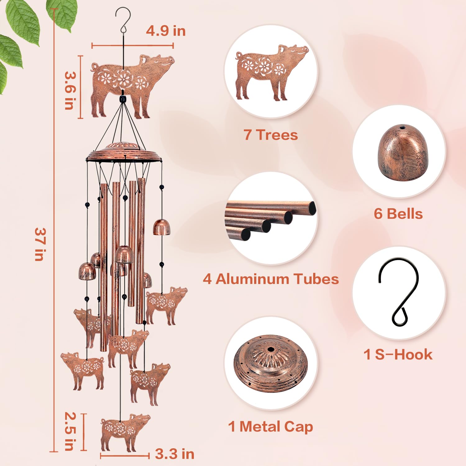 EZTZEN pig wind chime showing bells and decorative top cover with durable weather-resistant finish