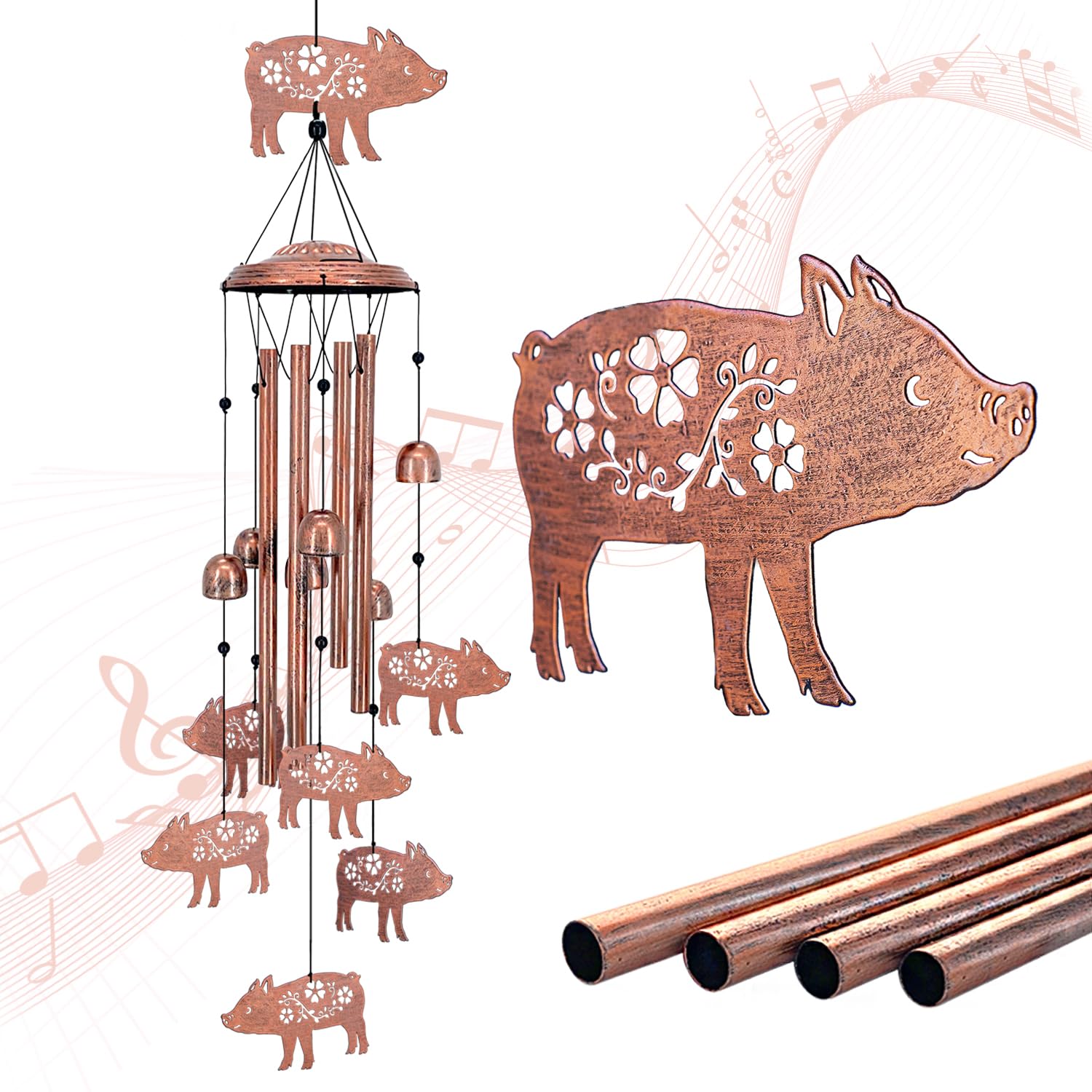 EZTZEN pig wind chime front view showing full decorative layout and charm