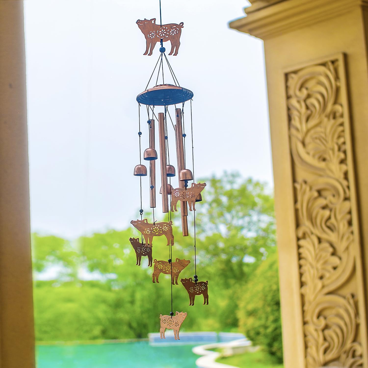EZTZEN pig wind chime nylon rope and S-hook attachment detail for secure outdoor hanging