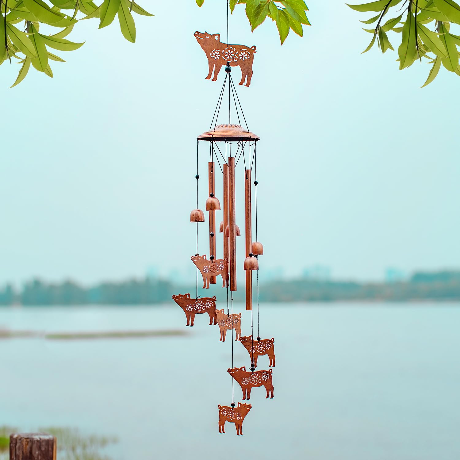 EZTZEN pig wind chime beside a ruler for size comparison to show true 37 inch length