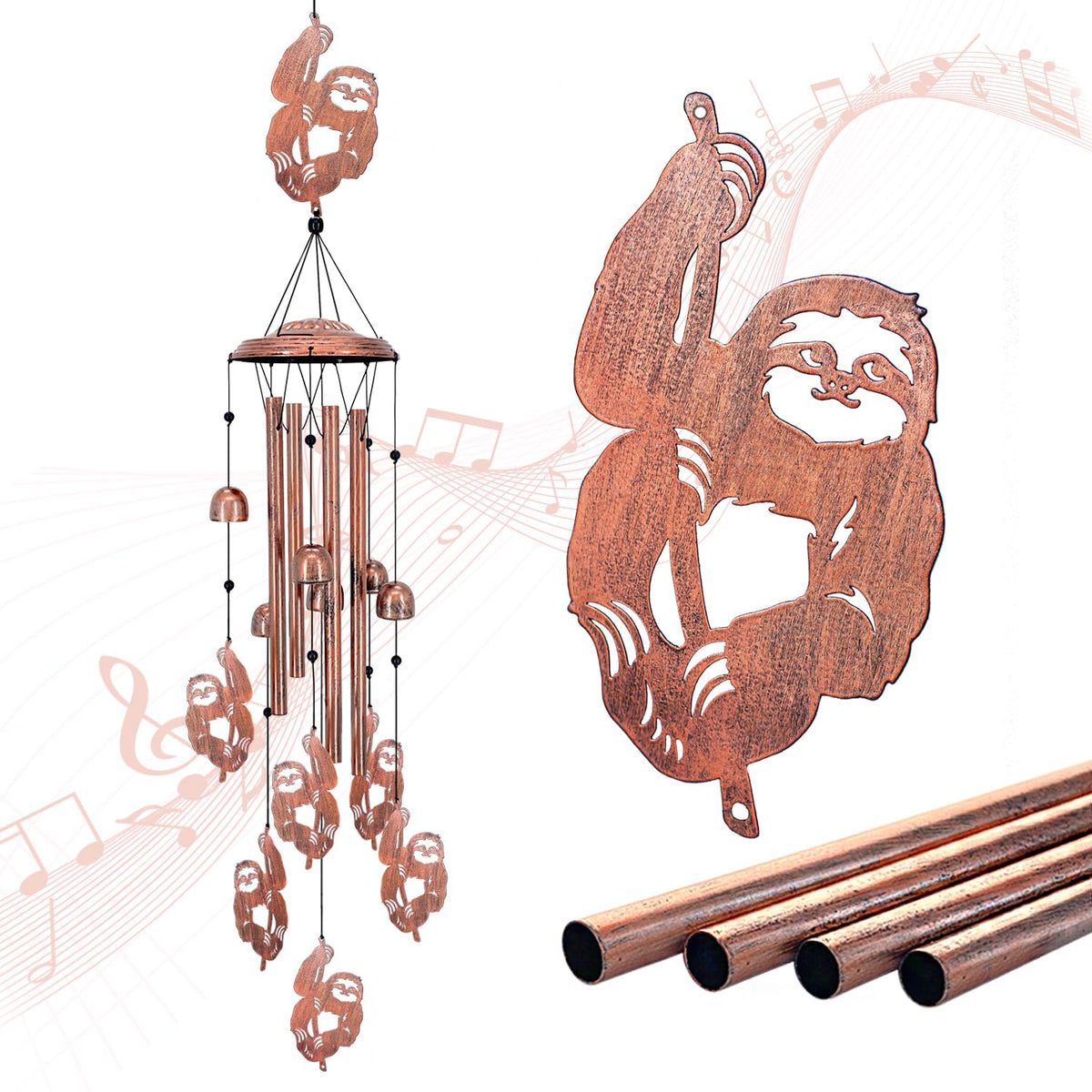 EZTZEN front view showing entire sloth wind chime and visual charm