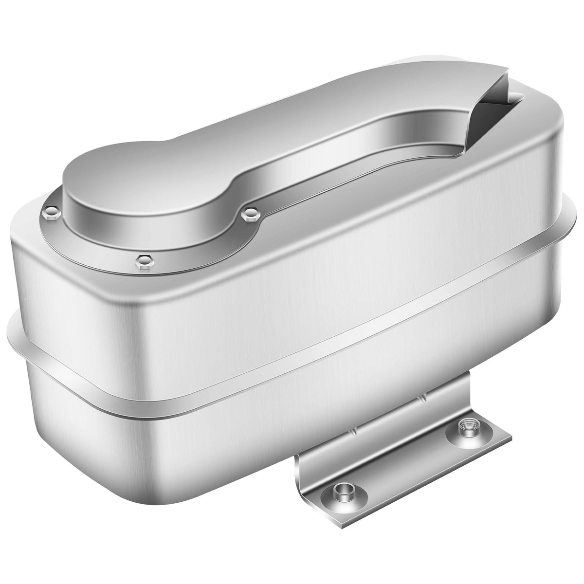 EZYPak muffler front view showing mounting points and quiet benefit