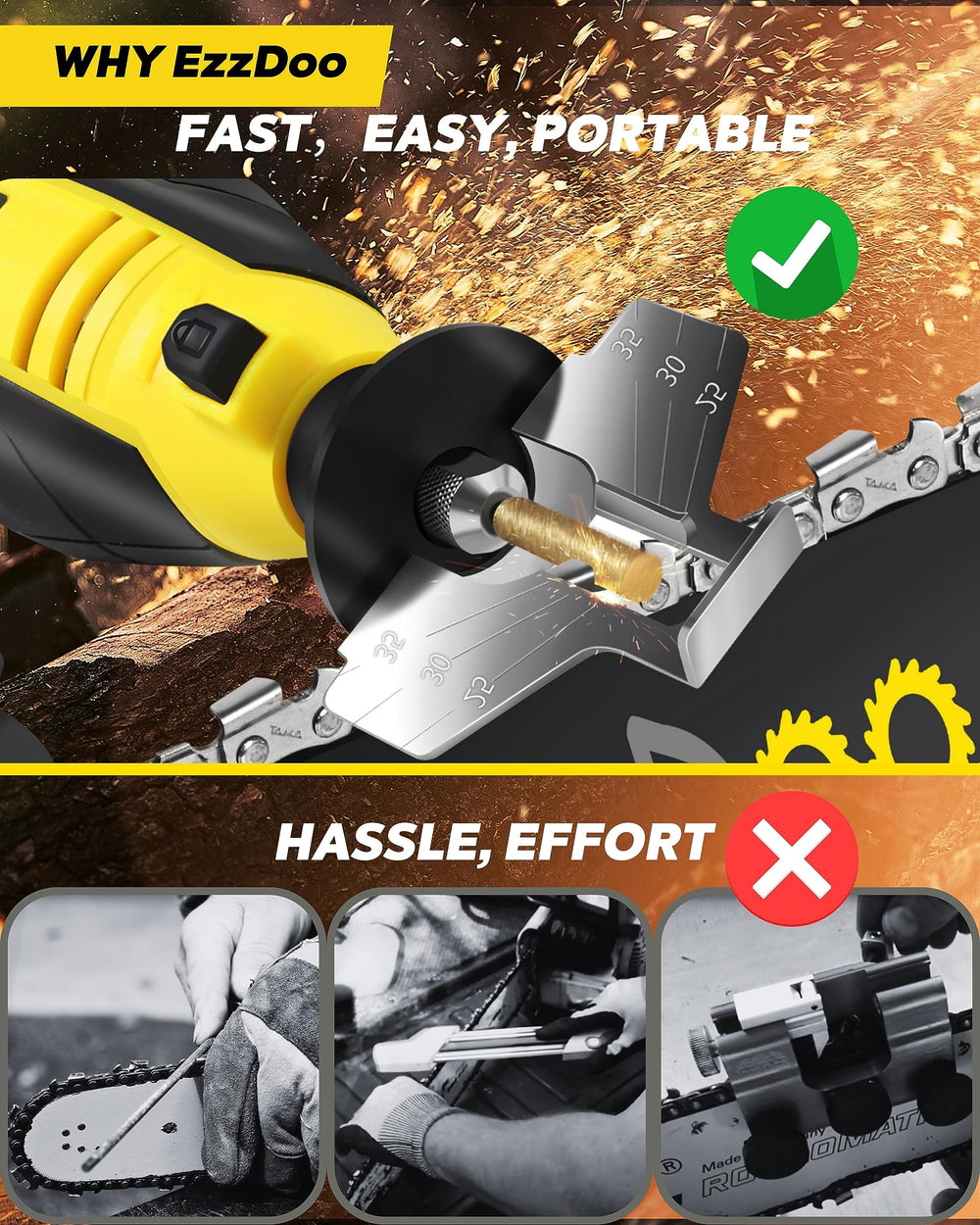 EzzDoo bits laid out showing three sizes for versatile chain compatibility
