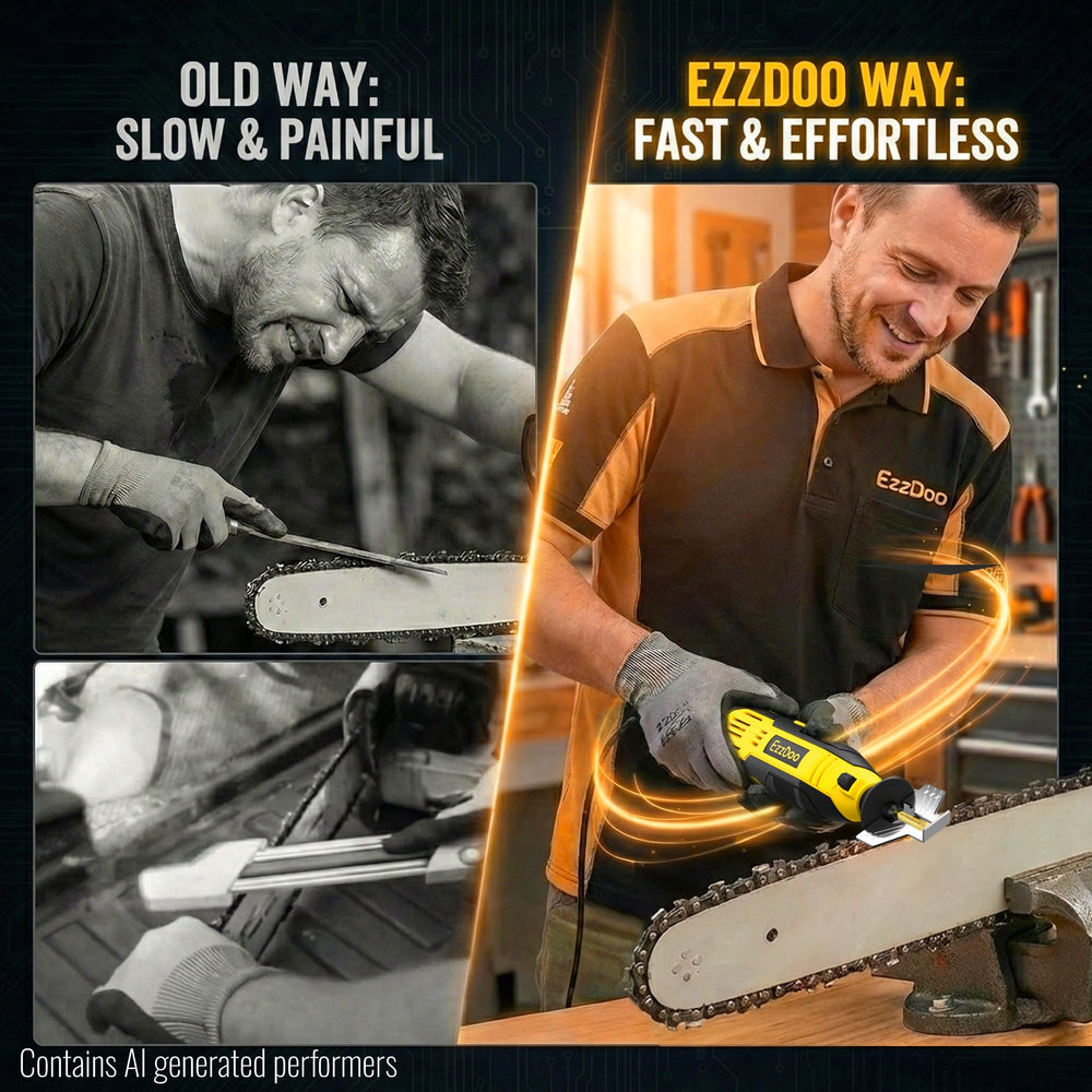 EzzDoo sharpener in use on a chainsaw bar for quick maintenance