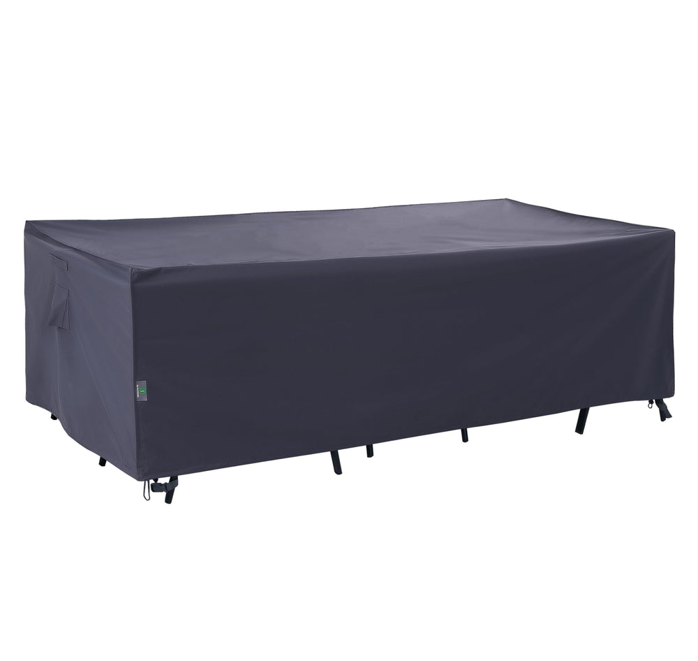 F&J Outdoors front view of grey table cover protecting tabletop and chairs