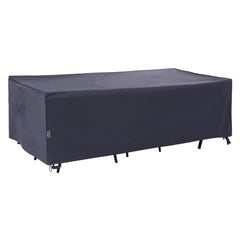 F&J Outdoors front view of grey table cover protecting tabletop and chairs