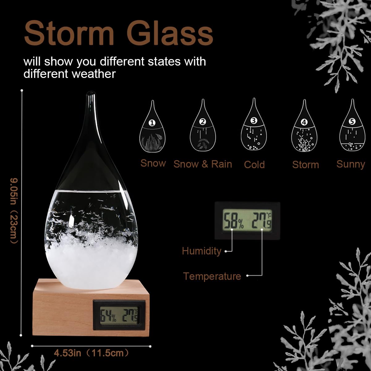 F FOXKEY storm glass close-up of crystal patterns revealing visual weather cues