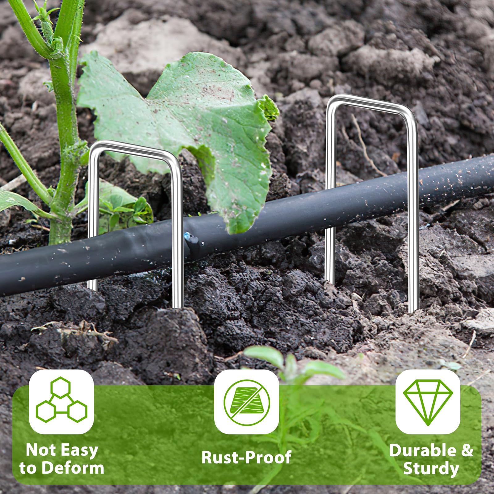FAAYUCK stake driven into soil securing landscape fabric for stronger hold benefit