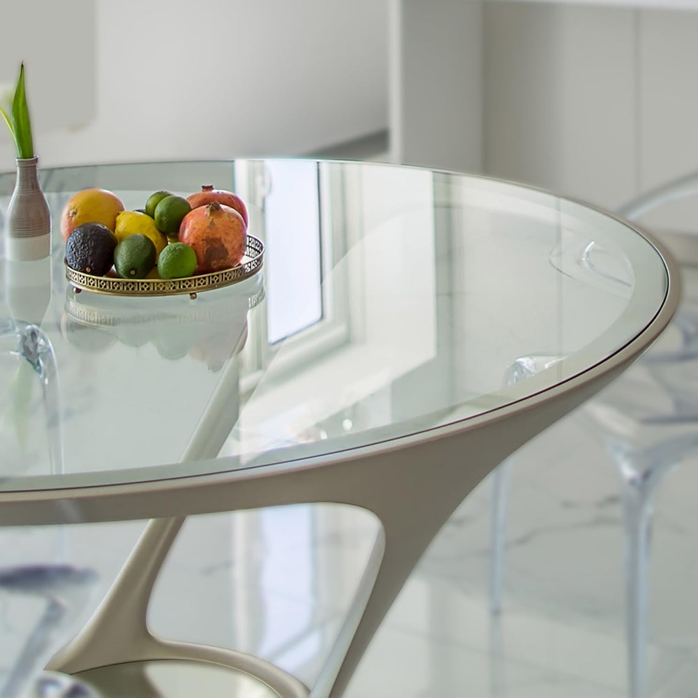 Fab Glass and Mirror round glass top placed on wood table highlighting protection