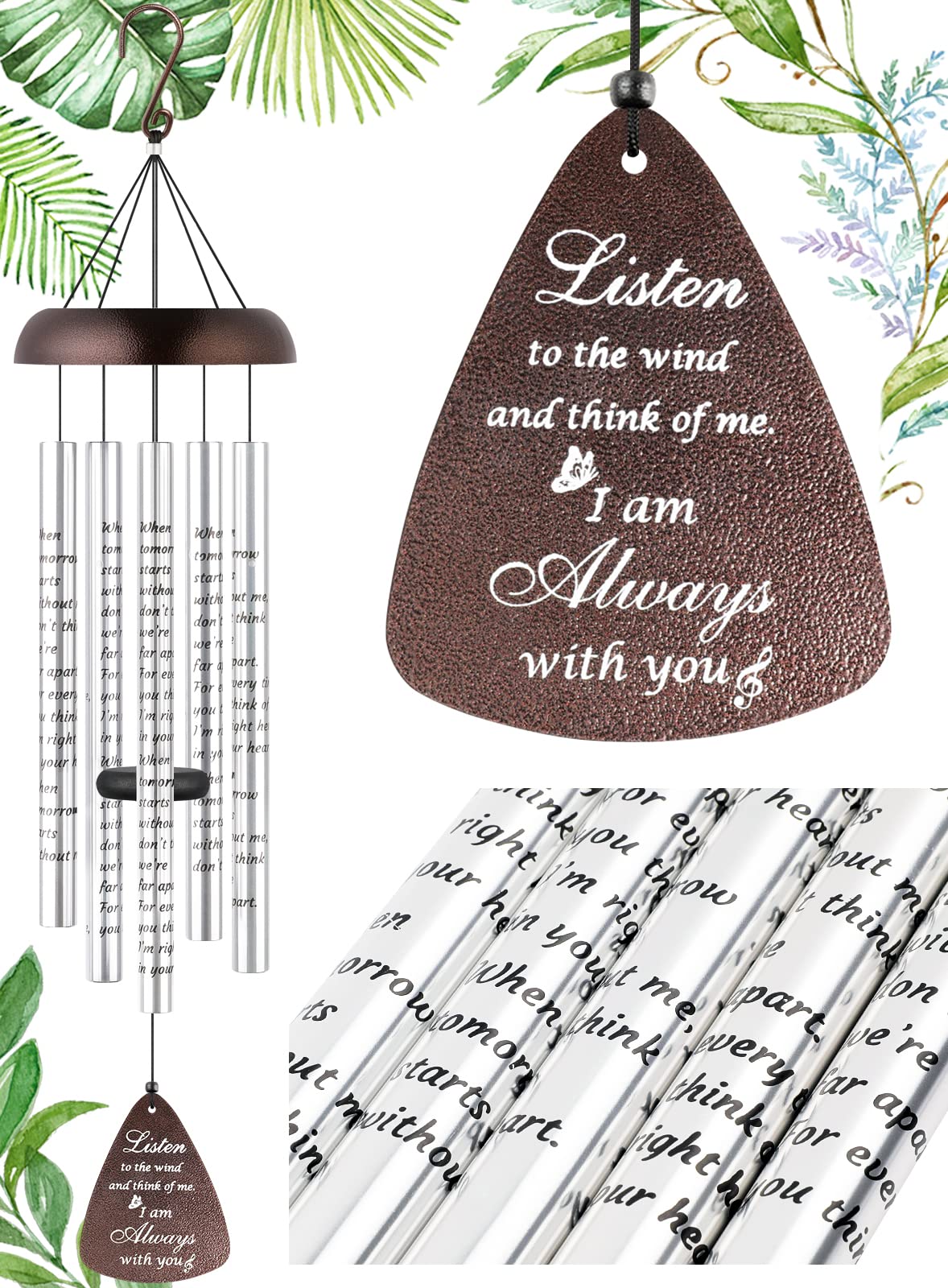 Fabuday 32" wind chime front view showing elegant bronze finish and poem